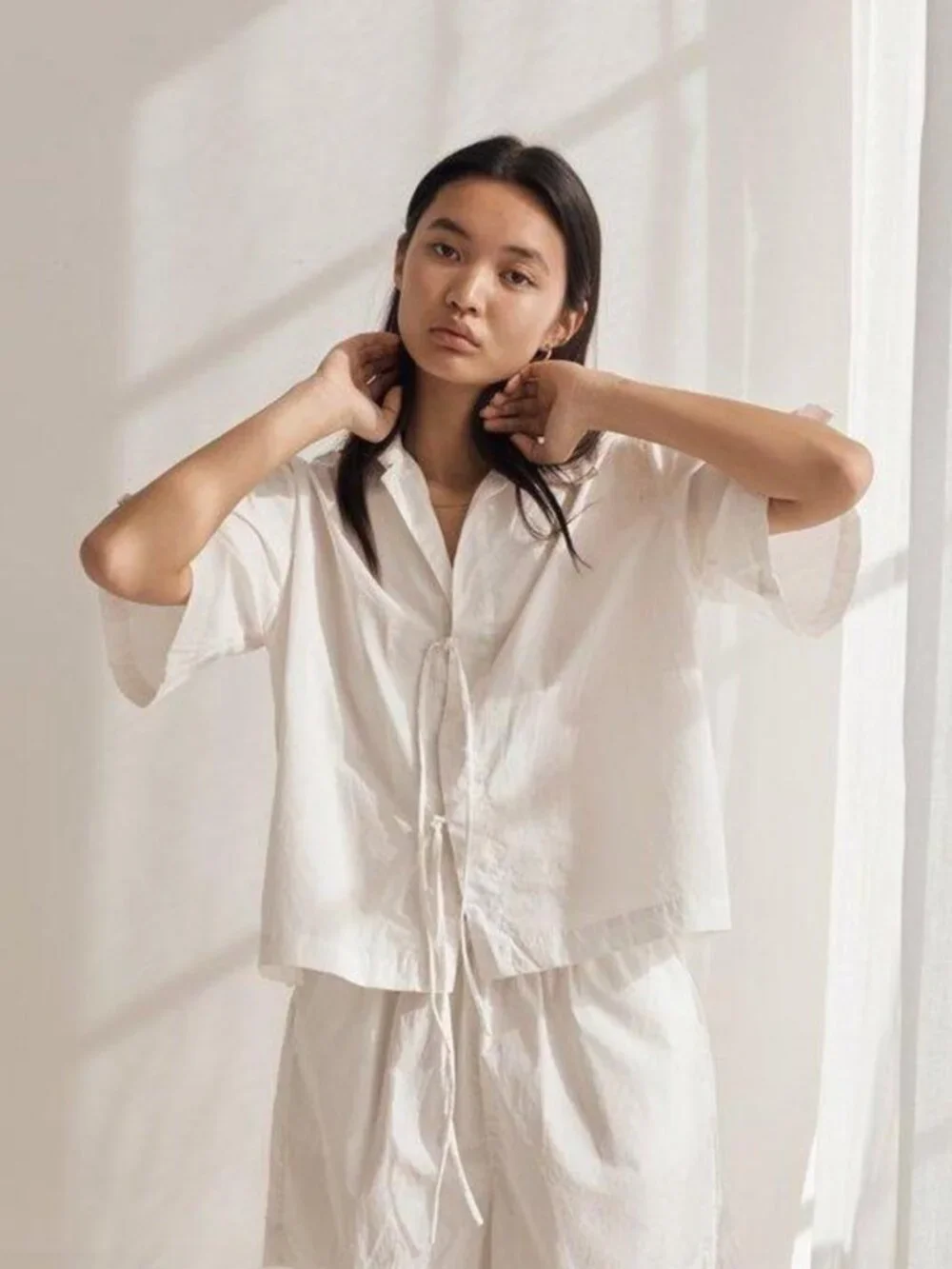 Deiji Studios Tie Front Shirt White - Picture 2 of 6